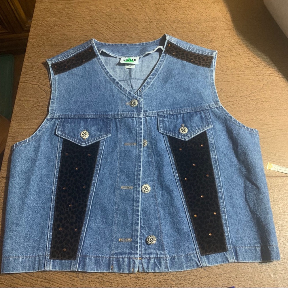 ❤️❤️❤️VINTAGE JEAN VEST.. velvet animal print M